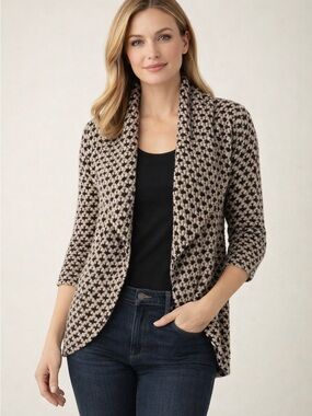 hazel Beige and Black Houndstooth Draped Blazer